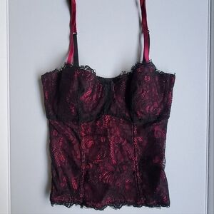 Vintage floral corset top Y2K Victoria’s Secret lace silk‎ black pink bustier XS